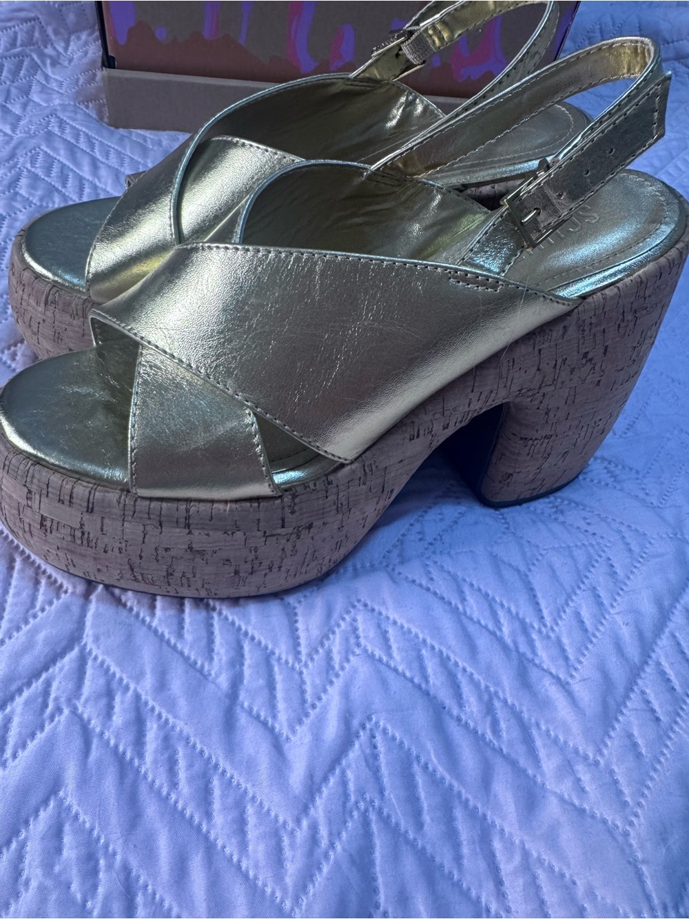SCHUTZ Metallic Silver Cork-Platform Slingback Sandals